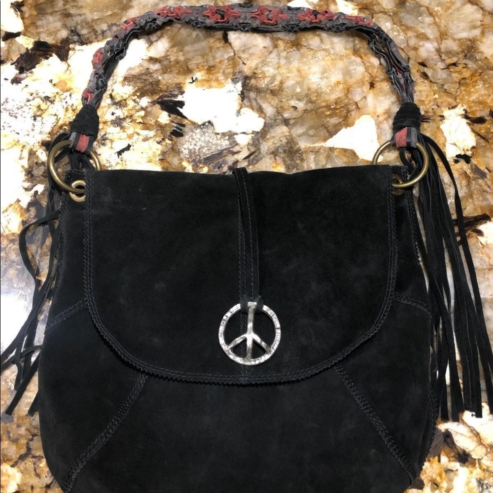 Black suede Lucky Brand pocketbook. Lg size, has a very cute braided handle